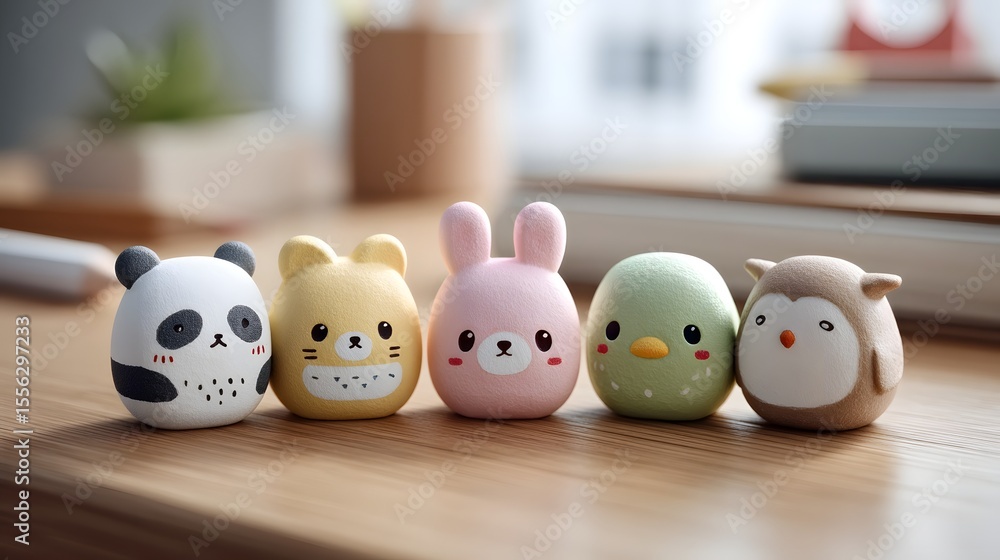 Obraz premium Assortment of adorable animal shaped erasers on a wooden desk