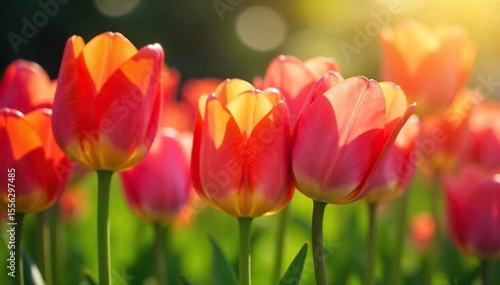 Close-up of vibrant tulips in a sun-drenched garden, petals gently swaying in a soft breeze, embodying the feeling of springtime renewal and serenity , peace, blossom, calm
