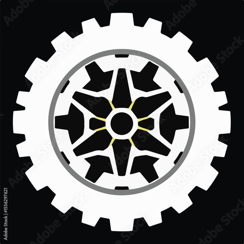 A detailed white gear icon with an intricate internal design, featuring grey and subtle yellow accents, set against a dark background.