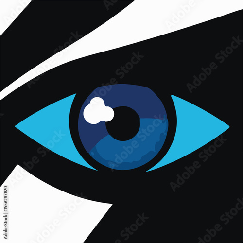 A captivating close-up of a vibrant blue eye with a distinct white reflection, set against a stark black and white background, suggesting intense focus or observation.