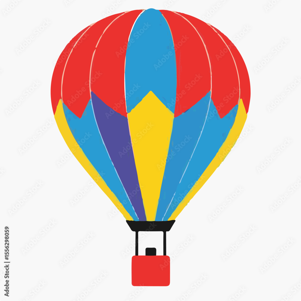 Fototapeta premium A brightly colored hot air balloon with vibrant red, yellow, blue, and purple stripes, featuring a small red basket, ready for adventure.