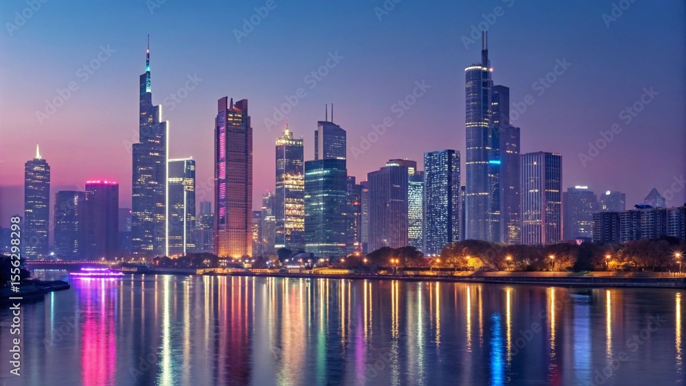 Fototapeta premium Night City Skyline with Skyscrapers and Colorful Reflections on River Water