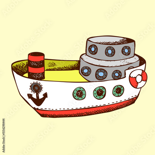 Cartoon Boat's Journey: A whimsically illustrated vessel, ready for adventure. Features detailed drawings and vibrant colors, evokes childhood imagination and oceanic exploration.