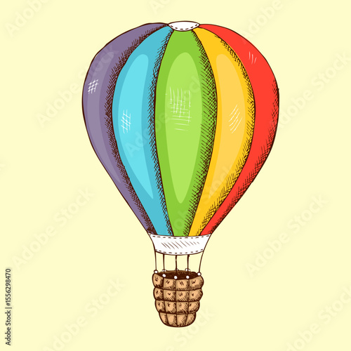 Colorful Hot Air Balloon: A vibrantly illustrated hot air balloon, meticulously rendered in a spectrum of colors, floats gracefully against the open sky.