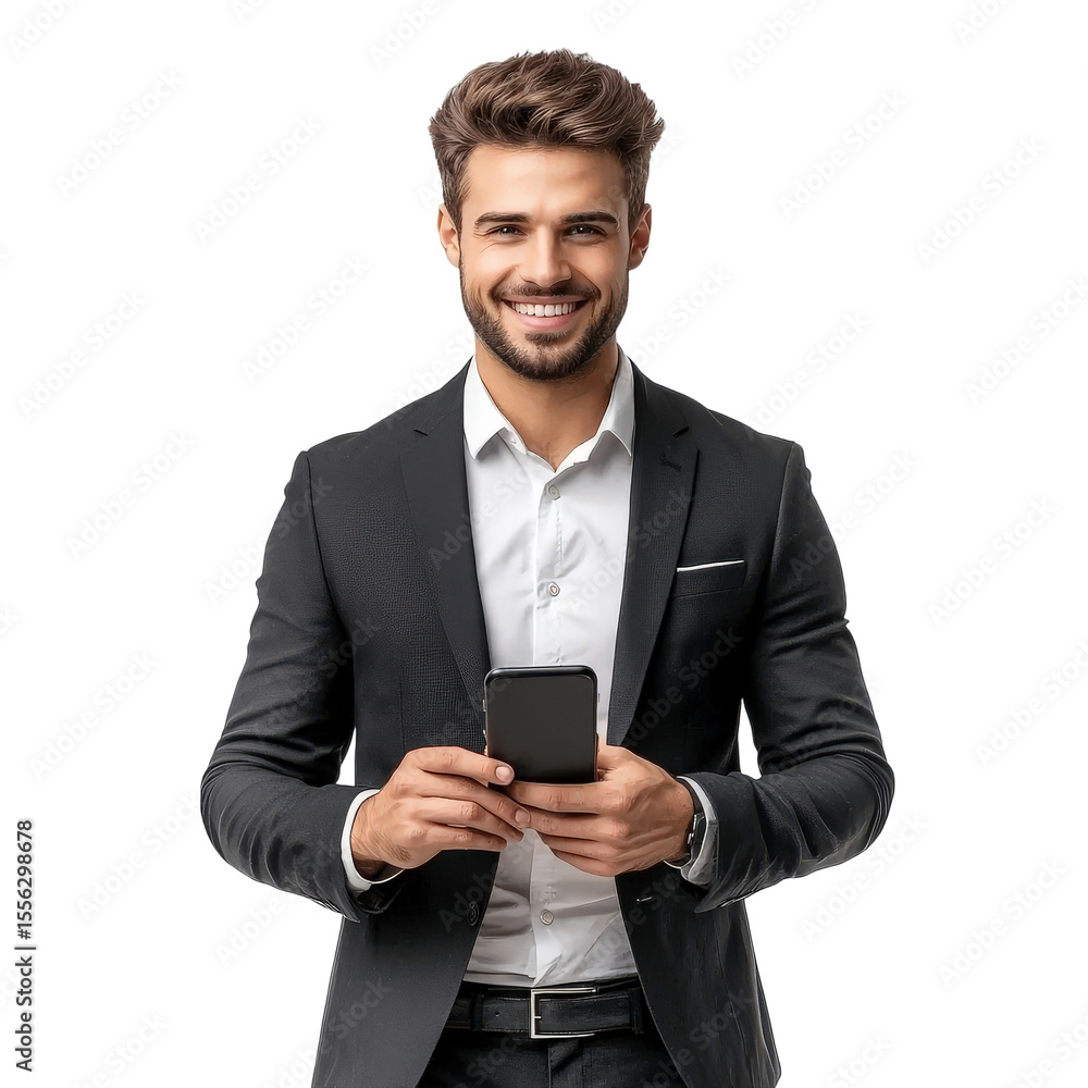 Stylish young man in formal attire using smartphone while smiling, modern cityscape background, engaging technology and lifestyle concepts Stylish young man in formal attire using smartphone while smiling, modern cityscape background, engaging technology and lifestyle concepts