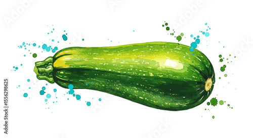 Watercolor Vector Illustration Of A Fresh Zucchini Showcasing Vibrant Green Hues And Playful Splashes Of Watercolor Paint Against A Clean White Background