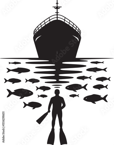 Diver Encountering Marine Life Beneath a Large Ship Silhouette Vector Art