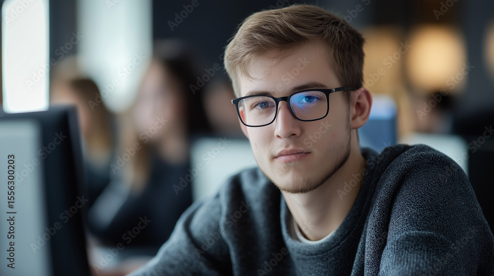 Young man in glasses at computer in coding class Young man in glasses at computer in coding class