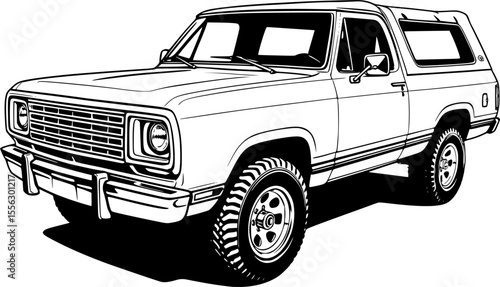 Vintage SUV , Classic 4x4 Off-Road Vehicle line art
