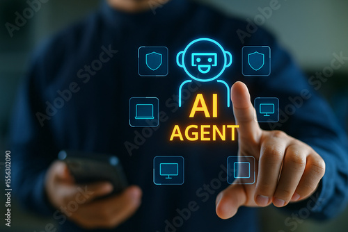 Wallpaper Mural AI Agent Hologram Interface with Man Using Smartphone and Touching Virtual Screen, Concept of Artificial Intelligence Technology and Digital Virtual Assistant in Cyber Interface

 Torontodigital.ca