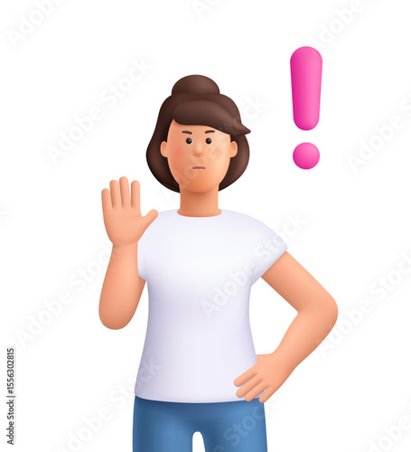 Serious woman Jane raising her hand in a stop gesture with a pink exclamation mark. Warning, alert, refusal and attention concept. 3d vector people character. Cartoon minimal style.