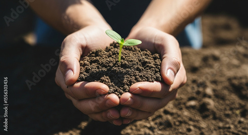 Nurturing New Life Hands Gently Holding a Seedling in Rich Soil