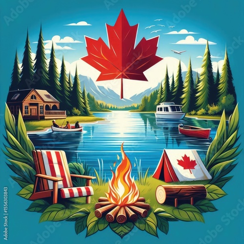 A serene and symbolic image representing Canada's Civic Holiday weekend. Features classic summer and cottage country elements like a tranquil lake, lush forest, or a campfire, capturing the essence of