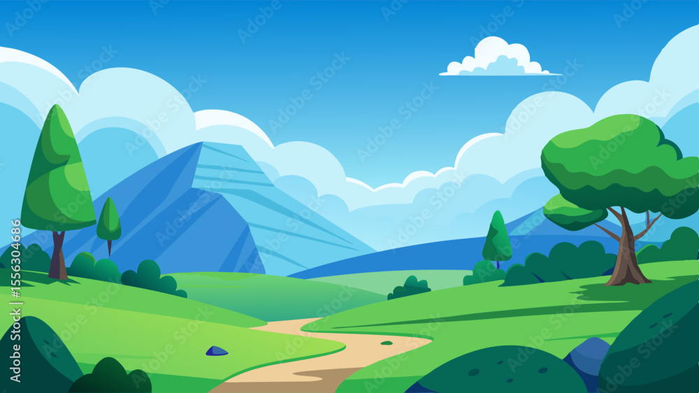 Obraz premium Cartoon Landscape with Trees and Hills Vector illustration 