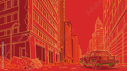 Eerie Post-Apocalyptic Cityscape with Abandoned Car Digital Illustration