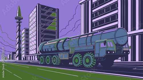 Futuristic Military Missile Transport Vehicle in Urban Metropolis