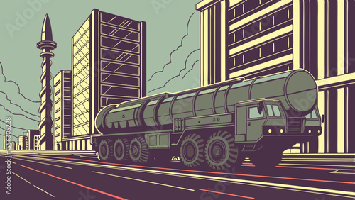 Military Missile Transport Truck in Urban Cityscape Illustration