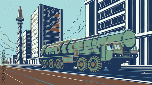 Military Missile Transport Vehicle Navigating Modern Urban Cityscape