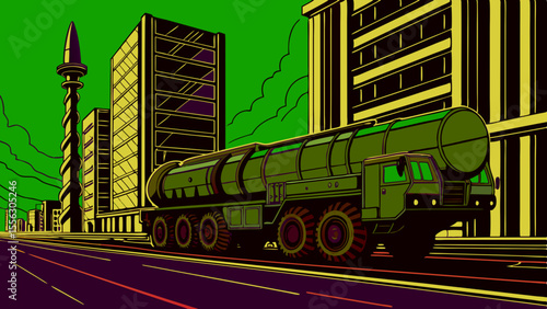 Futuristic Military Truck Concept Art in Neon Urban Metropolis