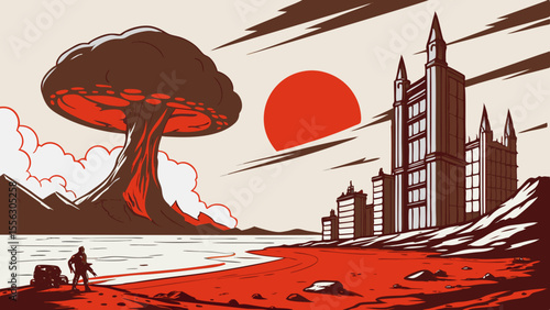 Eerie Post-Apocalyptic Cityscape with Nuclear Mushroom Cloud