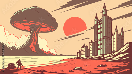 Post-Apocalyptic Futuristic Cityscape: Nuclear Explosion Survival Wasteland