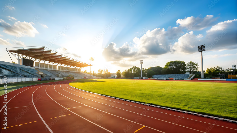 Bright sunlight illuminates a modern athletic stadium with a running track and green field under a beautiful blue sky. Bright sunlight illuminates a modern athletic stadium with a running track and green field under a beautiful blue sky.