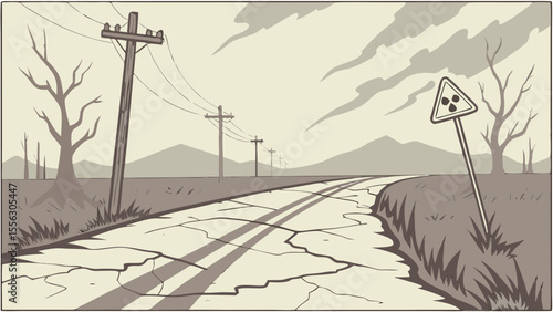 Desolate Post-Apocalyptic Road with Radiation Warning Sign