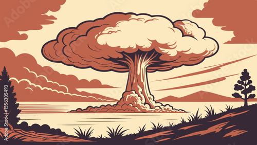 Vintage Nuclear Explosion Illustration: Retro Atomic Blast Artwork