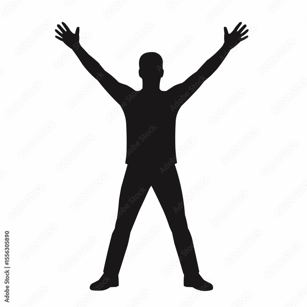 A vector silhouette illustration of a man standing with feet spread apart and arms outstreached is if gesturing for help. A vector silhouette illustration of a man standing with feet spread apart and arms outstreached is if gesturing for help.