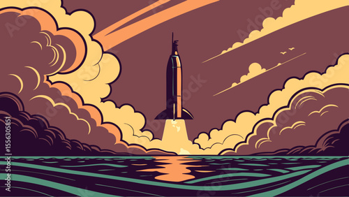 Dramatic Sunset Rocket Launch Over Ocean