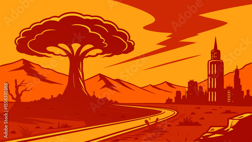 Devastating Nuclear Mushroom Cloud Over Ruined City – Post-Apocalyptic Wasteland