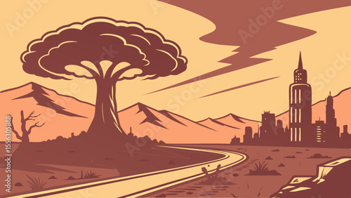 Post-Apocalyptic Urban Wasteland with Nuclear Mushroom Cloud Skyline