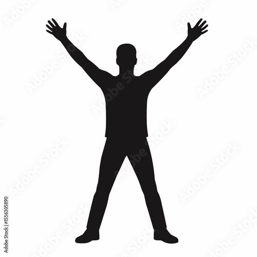 A vector silhouette illustration of a man standing with feet spread apart and arms outstreached is if gesturing for help.
