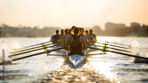 Crew team rowing swiftly across the water during golden hour creating splashes with their oars in a race.