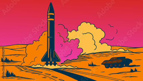 Military Rocket Launch Over Desert Landscape: High-Power Propulsion and Missile Technology