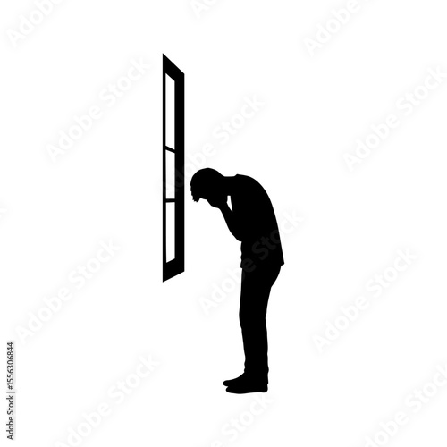 Window with depressed man silhouette vector flat illustration design.
