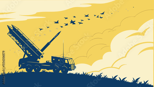 Silhouette of Military Missile Launcher and Jet Formation Against Golden Sky