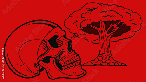 Dark Skull & Mushroom Cloud Illustration: Post-Apocalyptic Nuclear Art