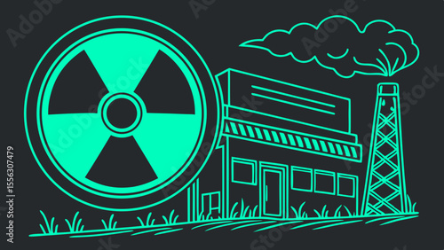 Neon Green Nuclear Power Plant Illustration with Radiation Hazard Symbol