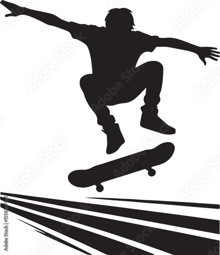 A bold and artistic silhouette of a skateboarder executing a trick, reflecting energy, creativity, and the dynamic nature of skateboarding culture.