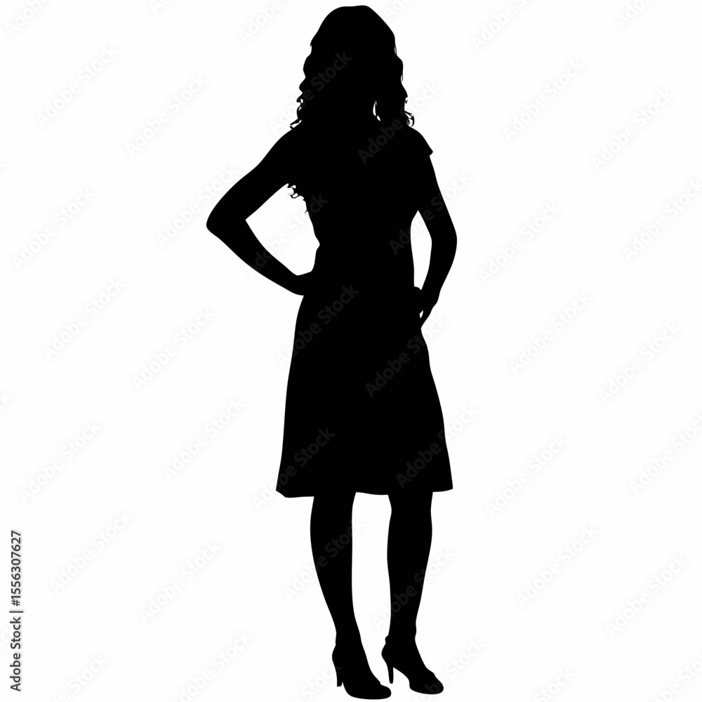 A beautiful vector silhouette of a standing woman in a dress, perfect for fashion and beauty illustrations A beautiful vector silhouette of a standing woman in a dress, perfect for fashion and beauty illustrations