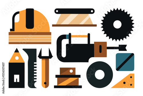 Six Piece Woodworking Tools Black Silhouette Vector Pack