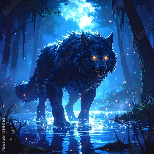 Enigmatic werewolf roaming through a dark forest sparkling with enchanting mysterious light
