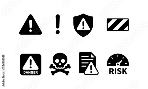 Variety of warning symbols: triangles, exclamation marks, and hazard signs
