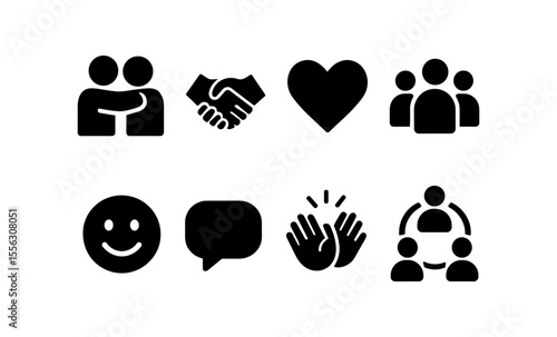 Social connection icons: heart, handshake, smiley, communication, teamwork symbols