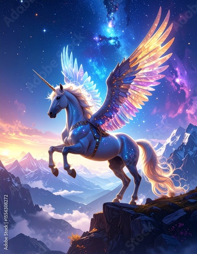 Exquisite unicorn with wings gliding gracefully through the clear blue sky of fantasy