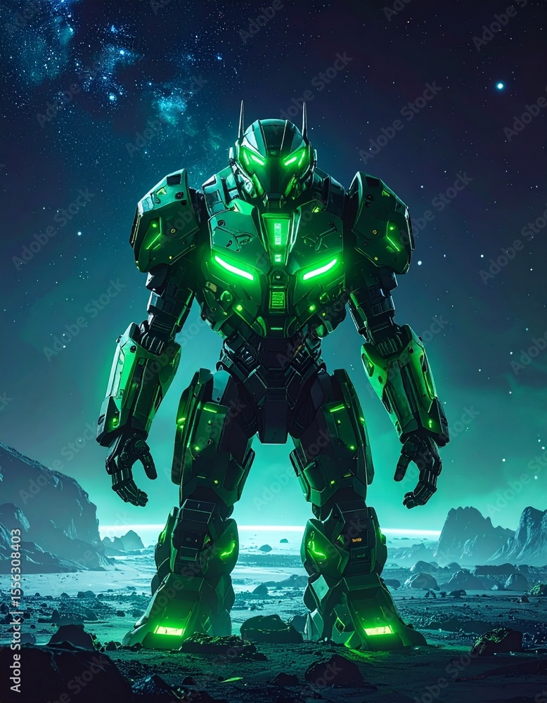 Fototapeta premium Captivating robot standing on a distant planet with glowing green suit and details