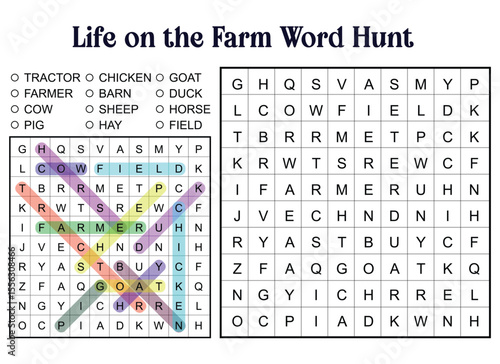Life on the Farm Word Search Puzzle for Kids Educational Activity