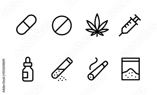 Simple icon set depicting drugs and paraphernalia including pills, syringe, marijuana, and vials