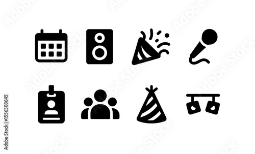 Event icons collection: calendar, speaker, party popper, microphone, badge, group, party hat, lights